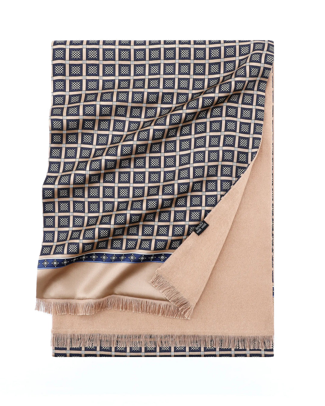 Champagne double-sided brushed silk scarf with geometric grid pattern and soft mulberry silk reverse.#color_antique-gold