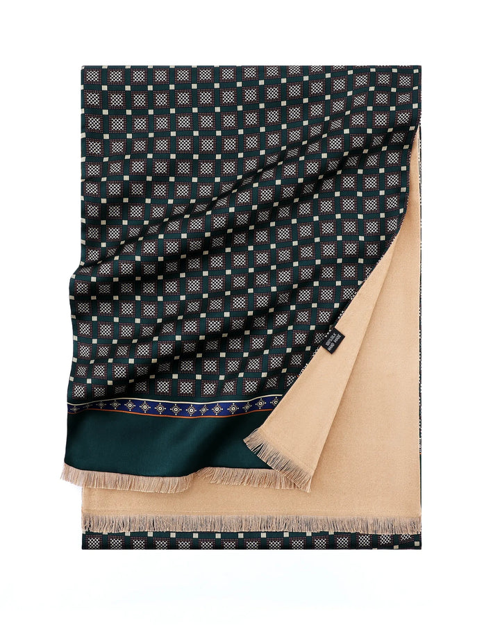 Green double-sided brushed silk scarf featuring geometric grid pattern, smooth mulberry silk front and soft brushed silk reverse.#color_forest-green