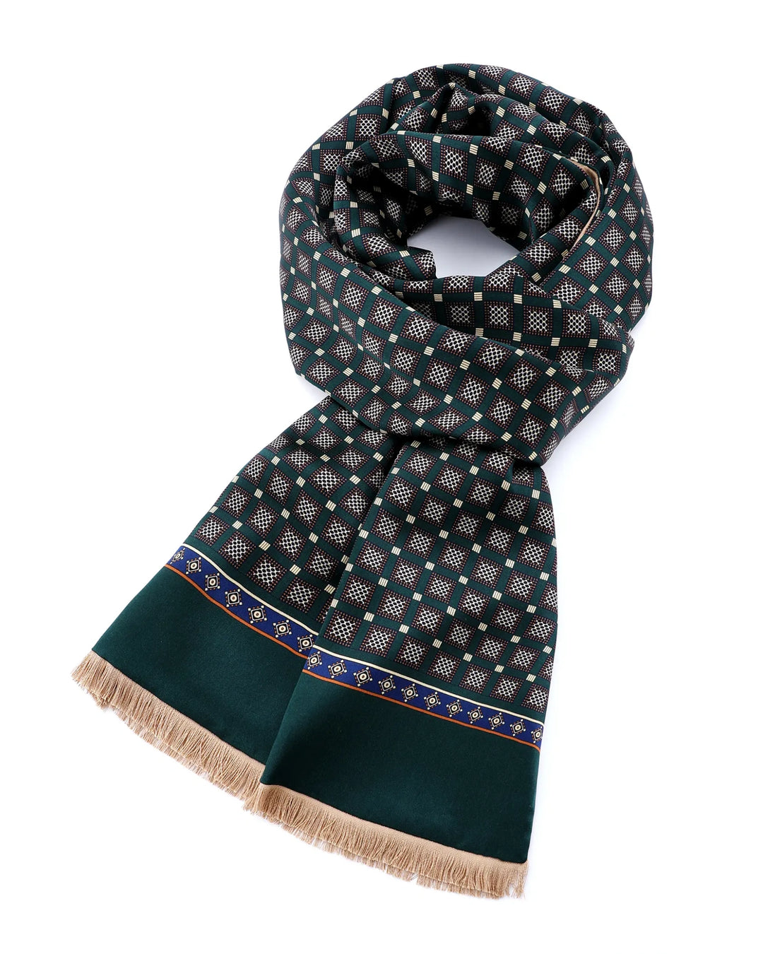 Elegant green mulberry silk scarf styled around the neck with geometric grid pattern and tassel edges.#color_forest-green