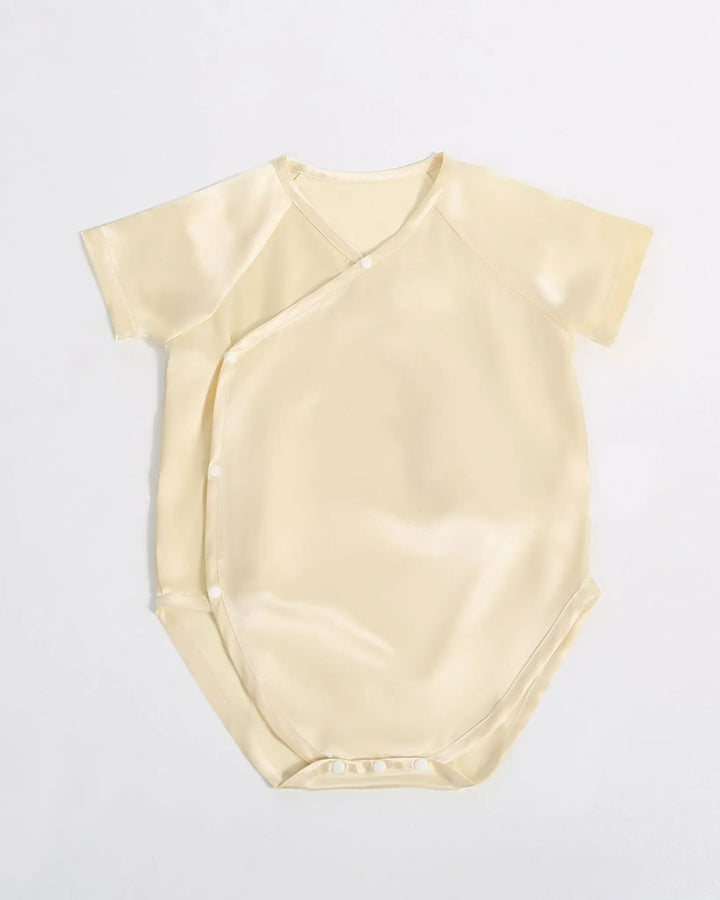 Butter cream mulberry silk baby kimono bodysuit with side snap closure made from soft 19 momme silk