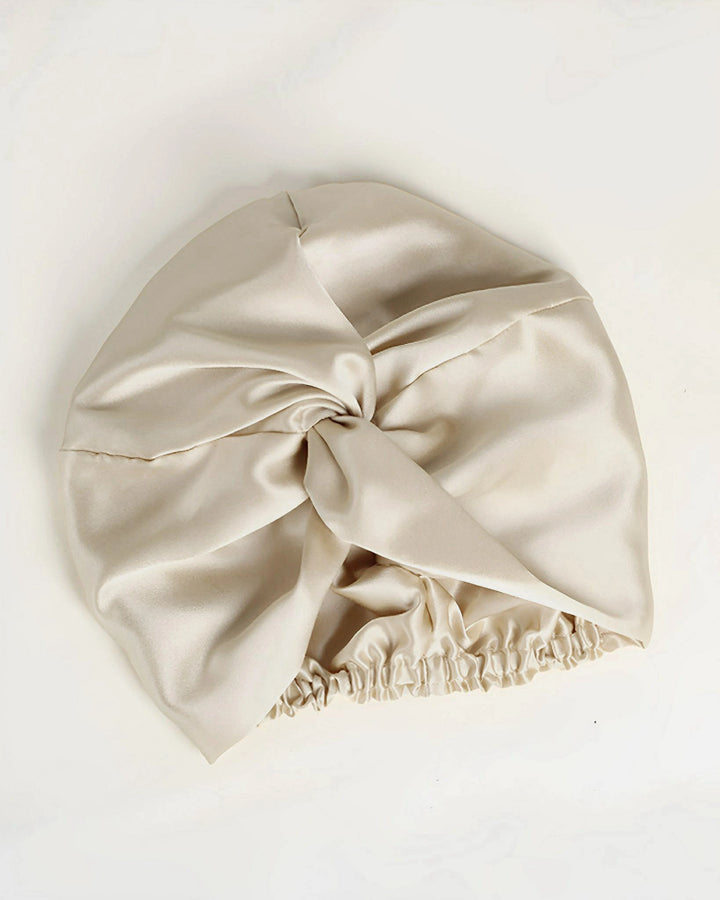 Silver gray double layer mulberry silk sleep bonnet laid flat, smooth breathable silk bonnet with full lining design