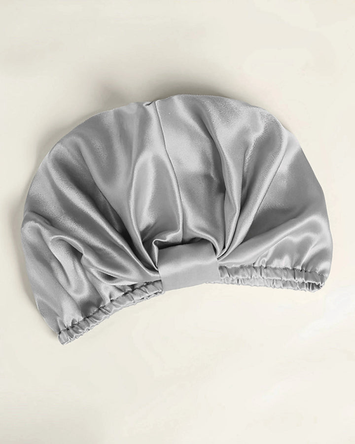 Silver gray mulberry silk sleep bonnet laid flat, smooth breathable double layer silk hair bonnet