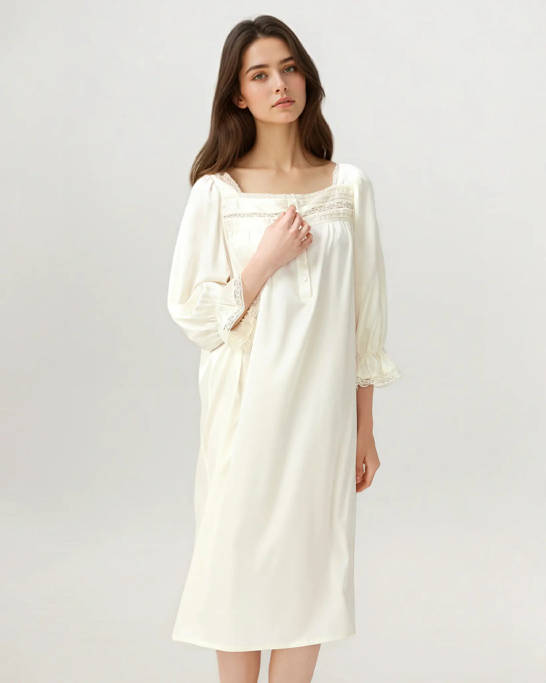 Front view of women’s 16 momme mulberry silk nightgown in ivory white with square neckline.#color_creamy-white