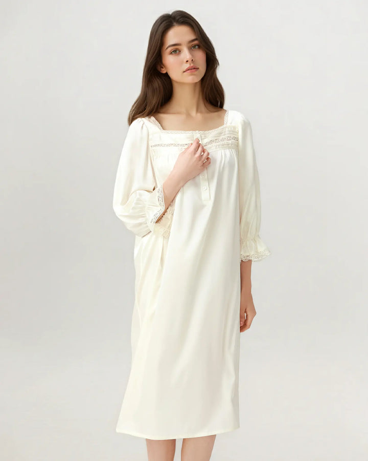 Front view of women’s 16 momme mulberry silk nightgown in ivory white with square neckline.#color_creamy-white