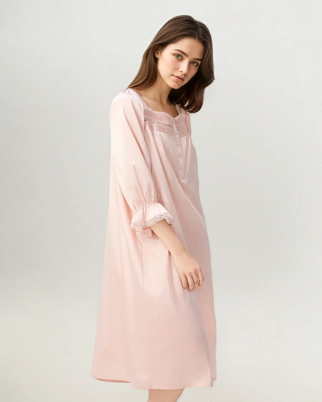 Front view of women’s 16 momme mulberry silk nightgown in soft pink with french square neckline.#color_rose-pink