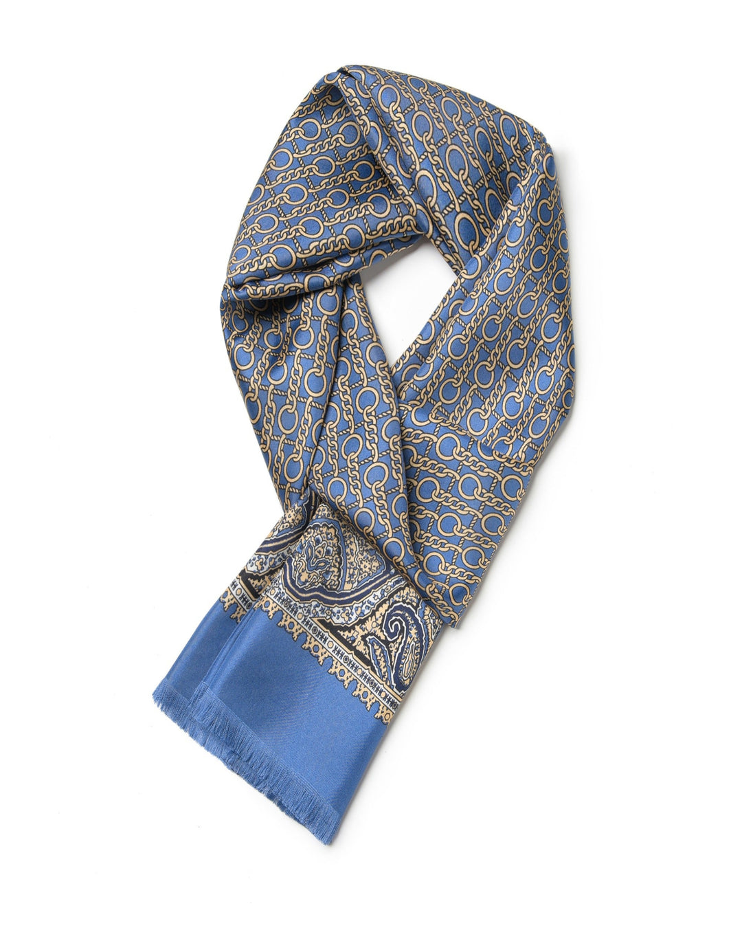 A Men's Silk Twill Scarf with paisley pattern and a buckle detail, primarily in blue and gold colors.#color_azure-blue