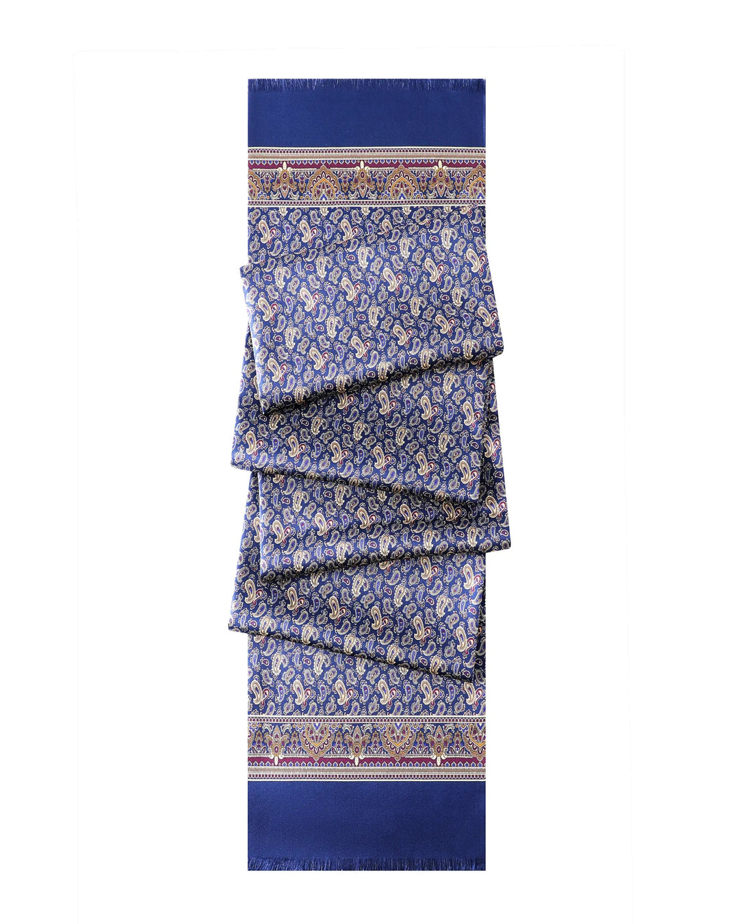 Full length view of blue paisley silk scarf for men with 14 momme silk twill fabric and elegant tassel finish.#color_navy-blue