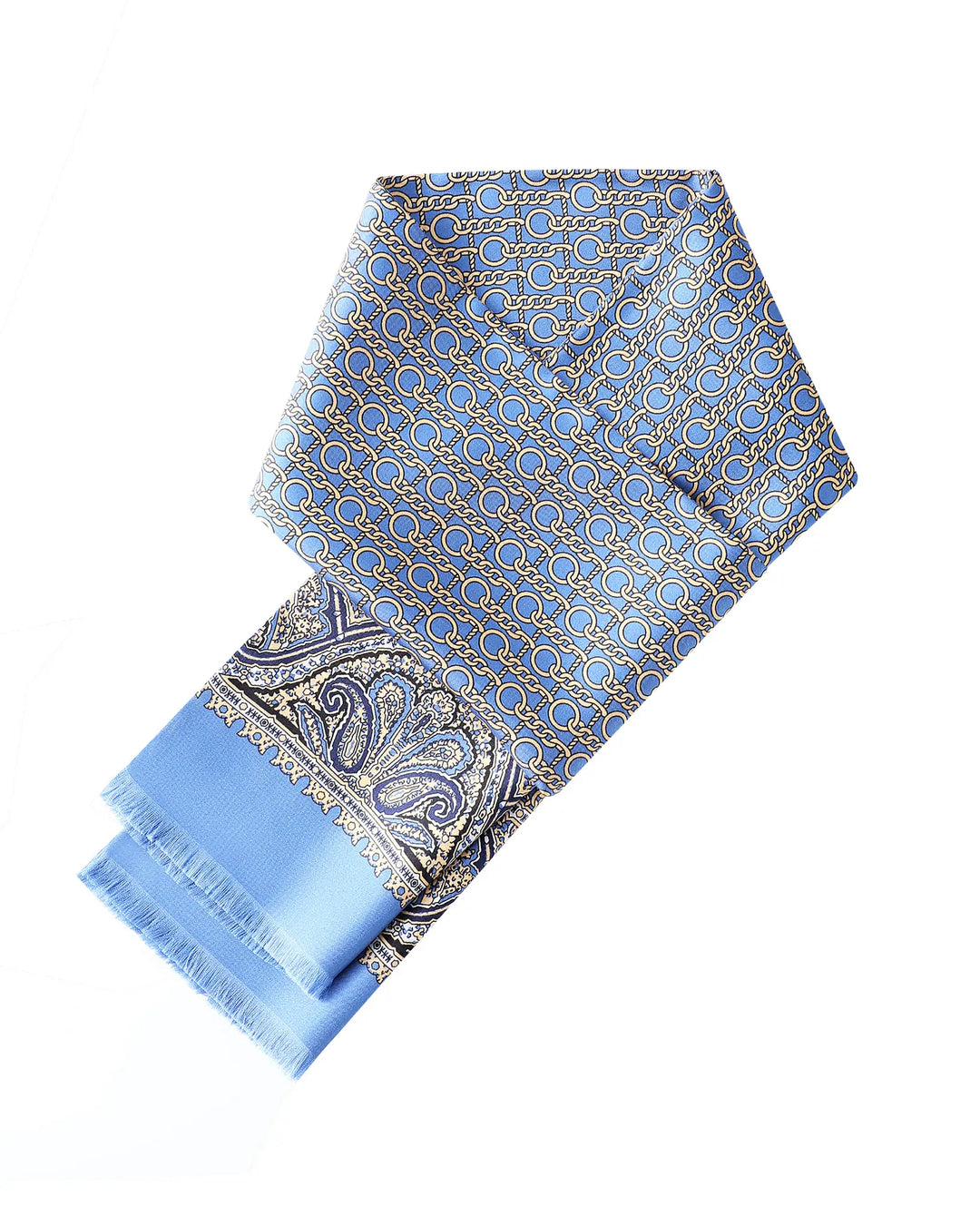 Close-up of blue paisley silk twill scarf pattern with luxurious woven texture.#color_azure-blue
