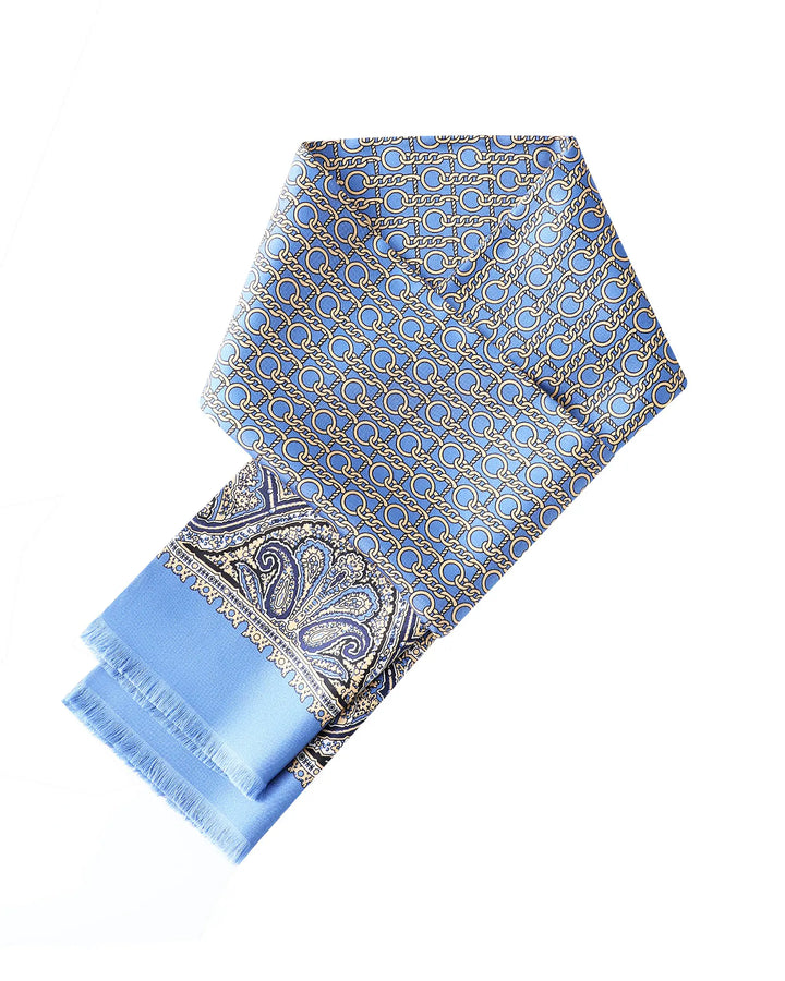 Close-up of blue paisley silk twill scarf pattern with luxurious woven texture.#color_azure-blue
