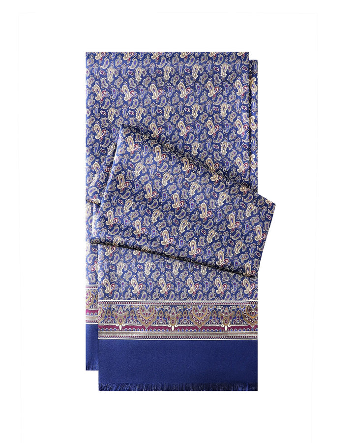 Blue classic paisley men's silk twill scarf crafted from 100% mulberry silk with luxurious soft texture.#color_navy-blue