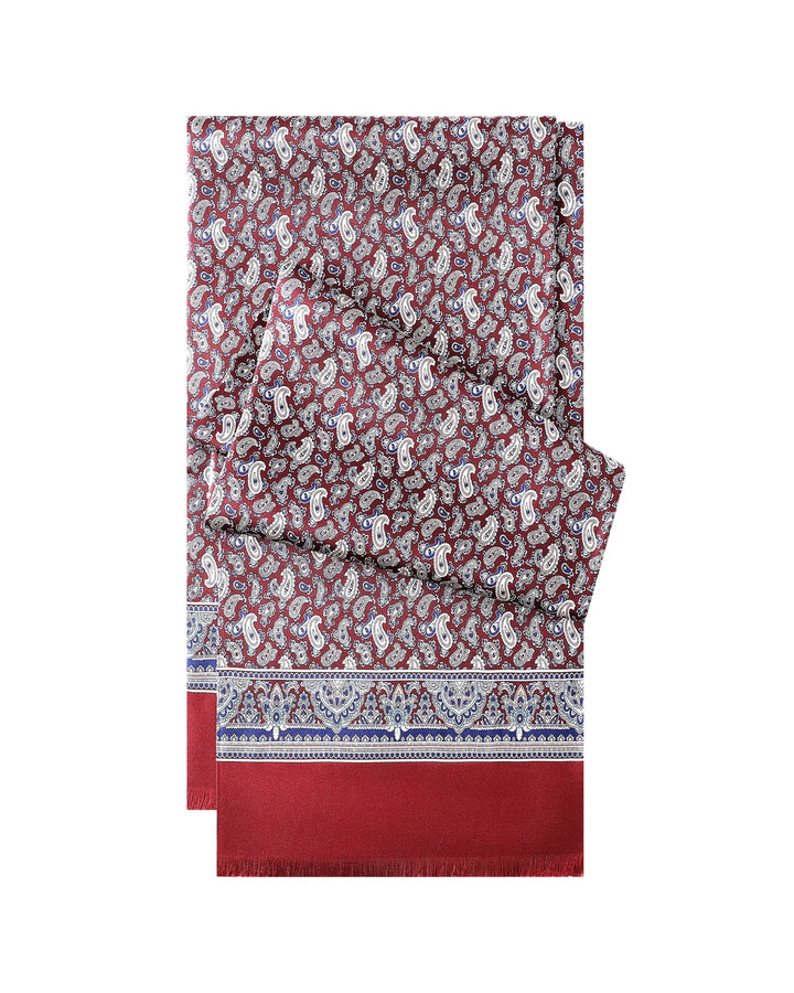 Red classic paisley men's silk twill scarf made from 14 momme mulberry silk with elegant tassel edges.#color_wine-red