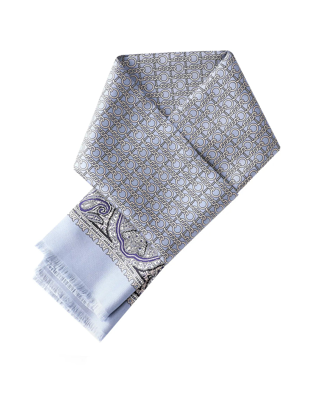 Grey blue men's silk scarf styled with elegant paisley pattern and tassel edge design.#color_dove-gray