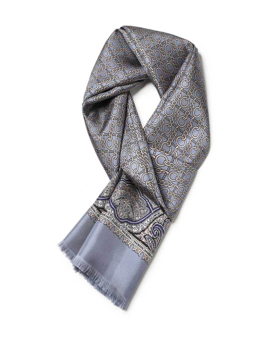 Men's grey blue mulberry silk scarf wrapped in a classic elegant style.#color_dove-gray