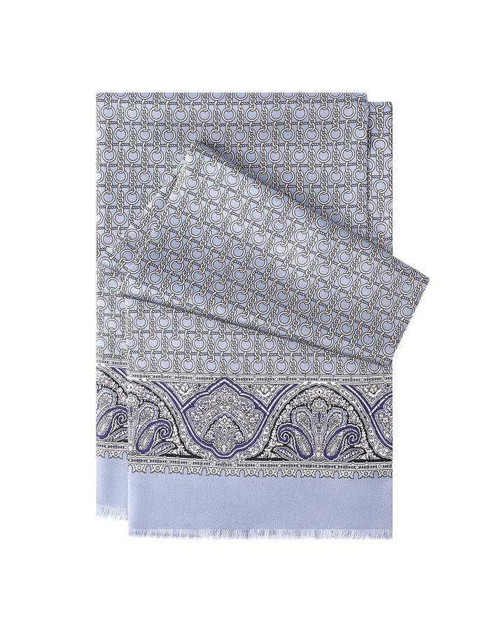 Grey blue paisley men's double-sided silk scarf made from 14 momme mulberry silk twill fabric.#color_dove-gray