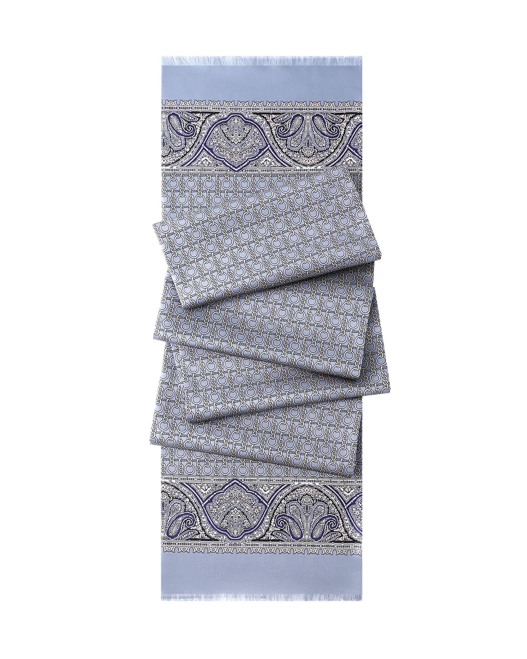 Folded view of grey blue silk twill scarf for men featuring double-sided mulberry silk design.#color_dove-gray