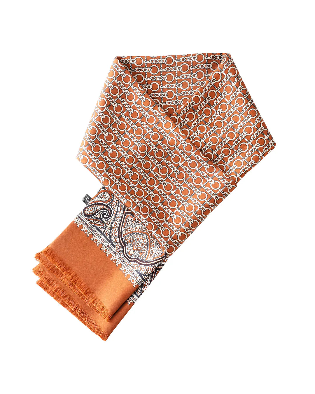 Orange and patterned scarf on a white background.#color_cinnamon