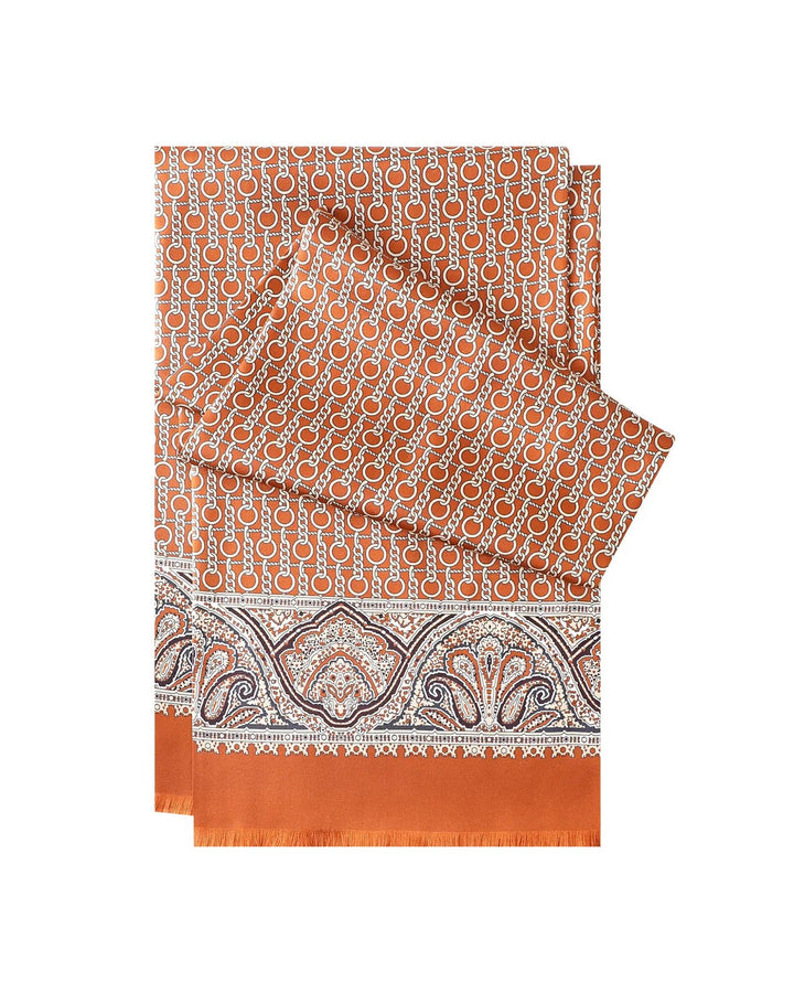 Orange paisley men's double-sided silk scarf made from soft 14 momme mulberry silk twill.#color_cinnamon