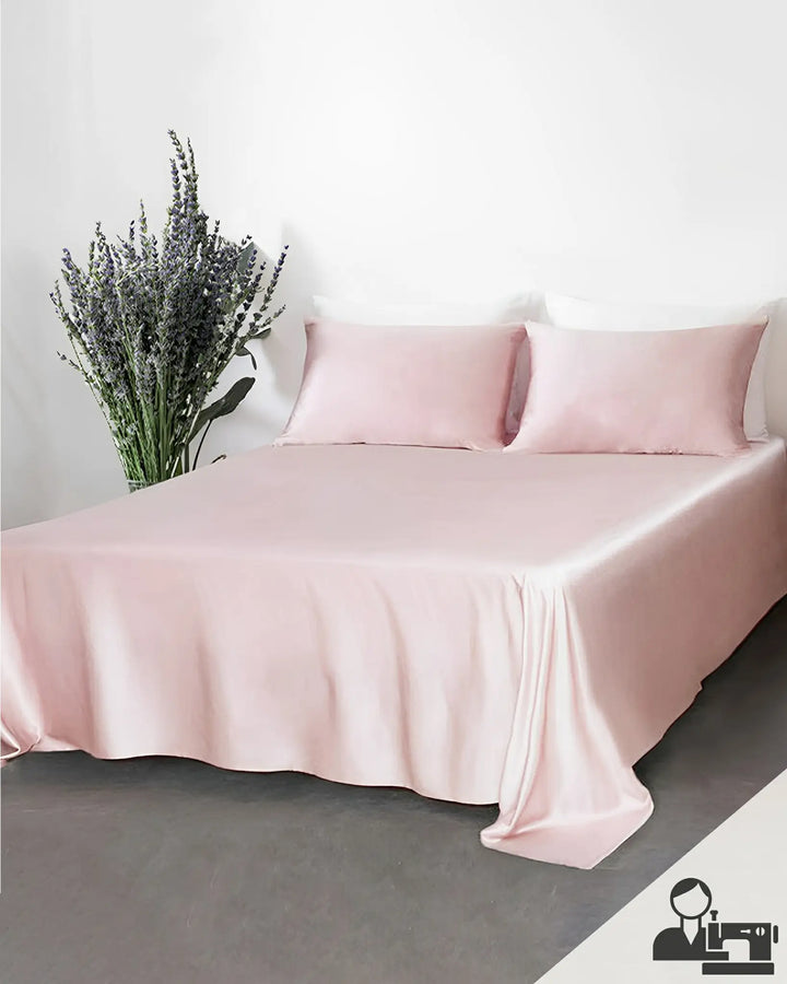 Featuring luxurious silk from SusanSilk's Personalized Flat Sheets (Chat with us for more details), , and a sewing machine logo indicates that it is a customization bedding service link.