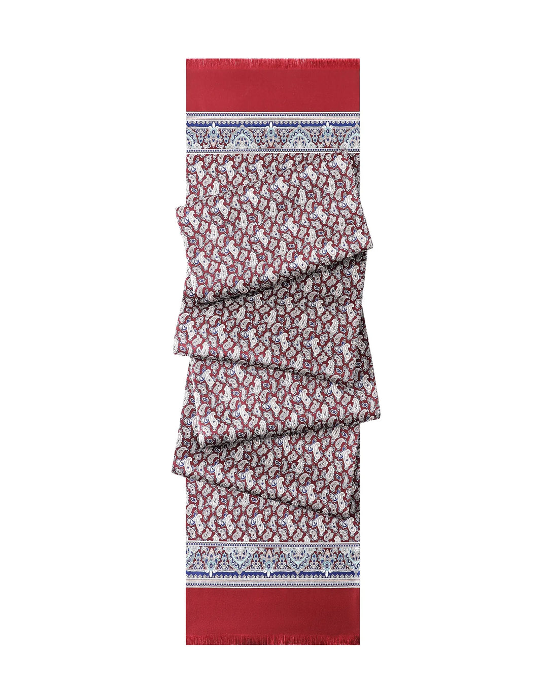 Full view of red paisley men's silk scarf featuring 14 momme mulberry silk twill fabric and classic tassel design.#color_wine-red