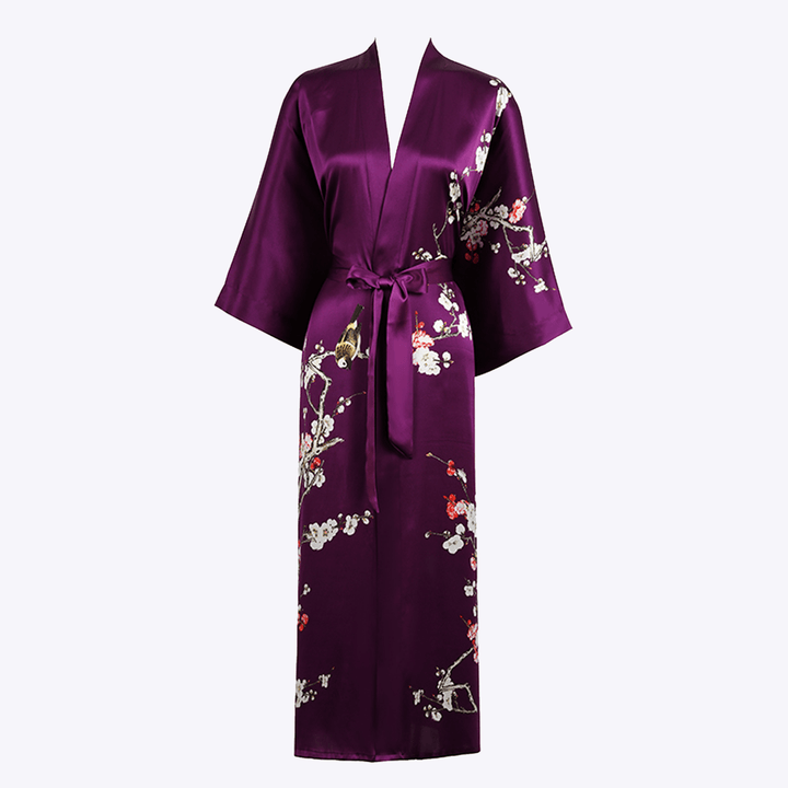 Plum Blossom Long Silk Kimono by SusanSilk, featuring floral patterns and a waist tie, displayed on a white background.