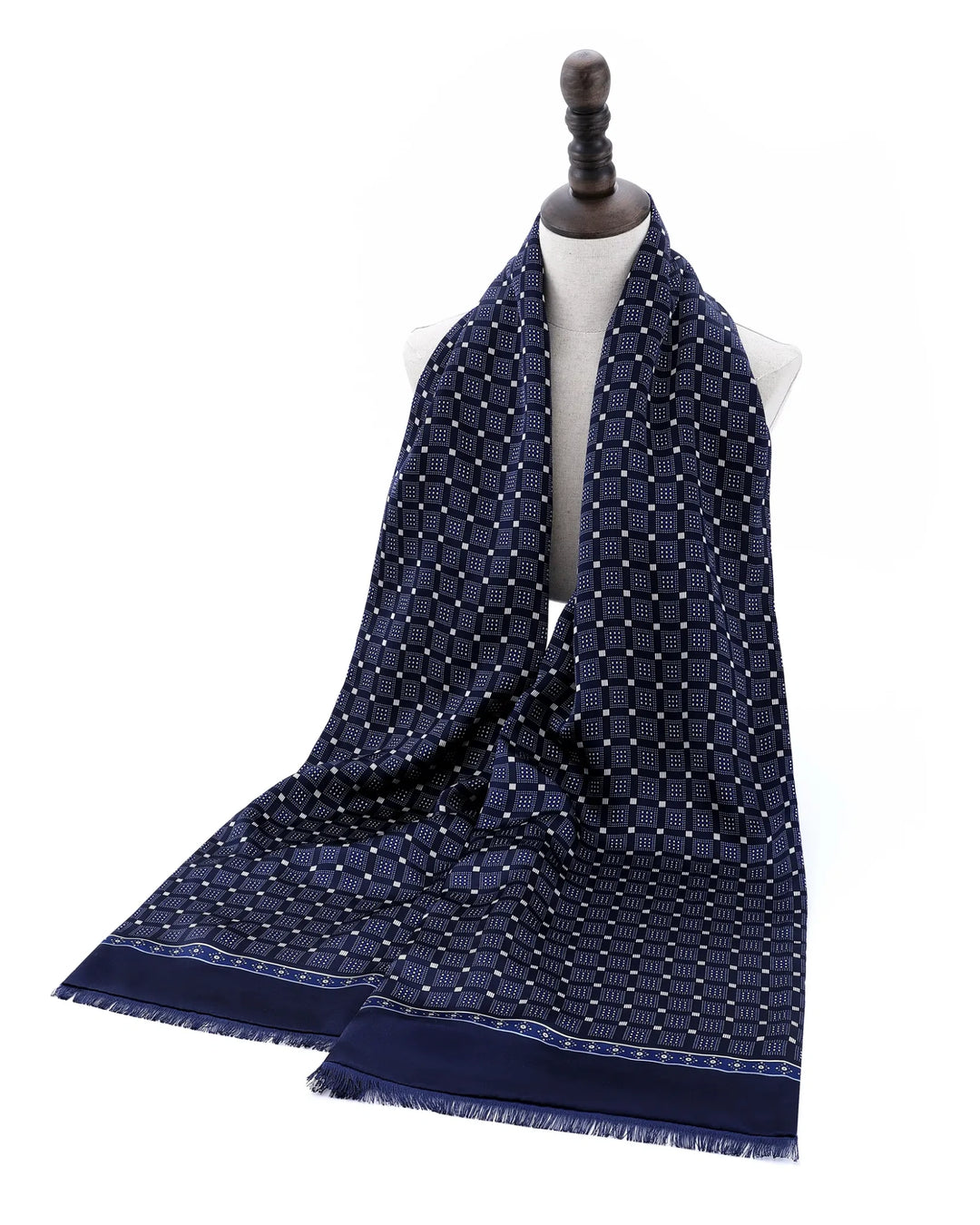 SUSANSILK navy blue luxury silk scarf displayed as an elegant autumn winter fashion accessory.#color_navy-blue
