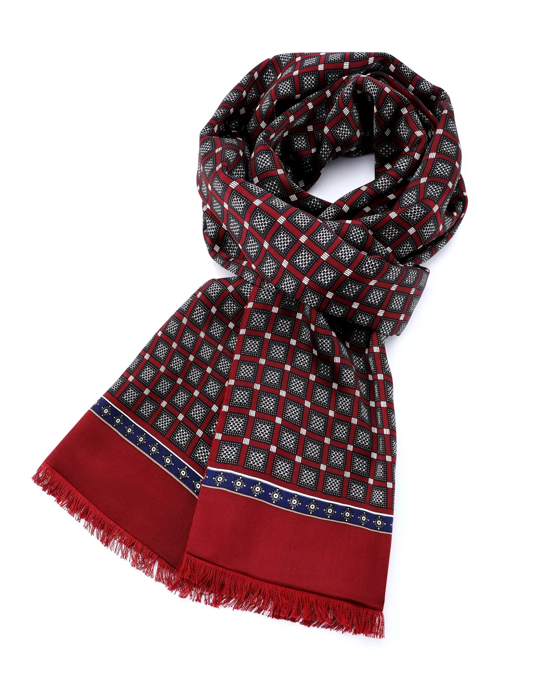 Wine red double-sided brushed silk scarf with geometric grid pattern and soft brushed silk reverse.#color_wine-red