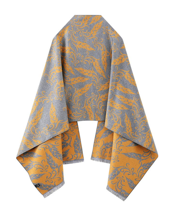 Gray and orange patterned scarf on a white background