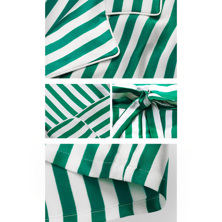 Close-up images of a green and white vertically striped fabric show details of a folded section, waistband with a tie, and hem, revealing the subtle sheen characteristic of the 19 Momme Chic Stripe Silk Pajamas Set by SusanSilk.