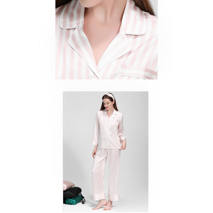 Two images depict a person wearing the 19 Momme Chic Stripe Silk Pajamas Set by SusanSilk, featuring a collared button-down shirt and matching pants in white and pink stripes. The person also sports a headband and stands comfortably.