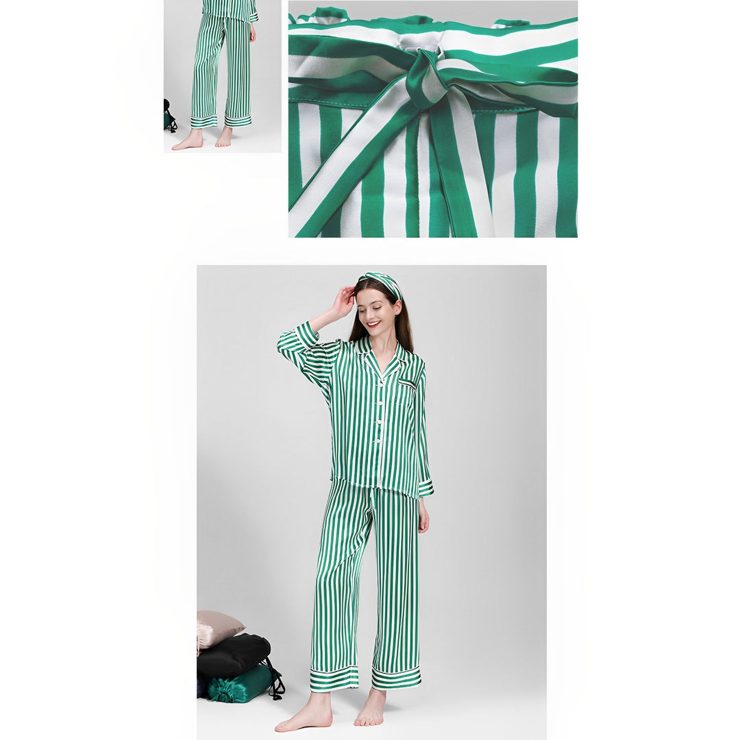 A person wears the 19 Momme Chic Stripe Silk Pajamas Set by SusanSilk, featuring green and white stripes, with a matching headband and stands barefoot. The top inset shows a close-up of the tied fabric belt in the same chic stripe pattern from SusanSilk.