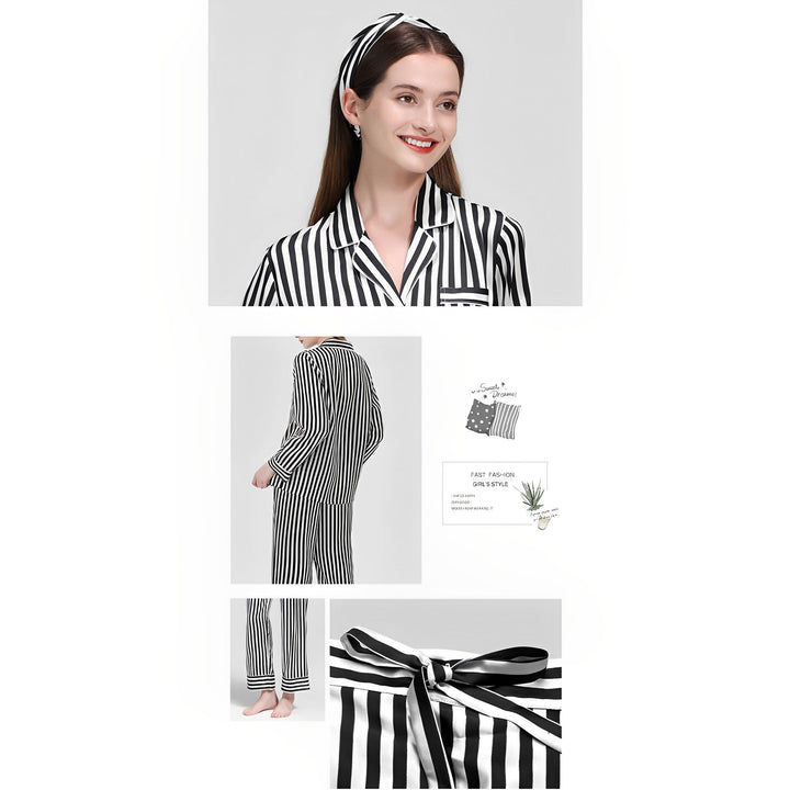 A woman models the 19 Momme Chic Stripe Silk Pajamas Set by SusanSilk, featuring a black and white striped design. The luxurious ensemble includes a long sleeve top, pants, and a matching headband. The outfit is displayed from various angles with a close-up of the sumptuous silk fabric.