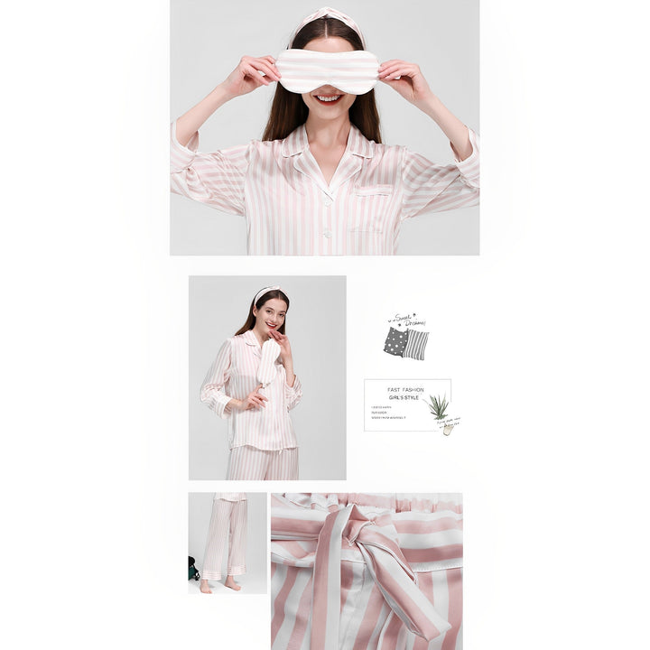 A person models the chic 19 Momme Chic Stripe Silk Pajamas Set from SusanSilk, showcasing its luxurious pink and white striped design. In the collage, they are seen holding a sleep mask over their eyes, smiling, and highlighting features of the pajama set such as the waist tie and tag information.
