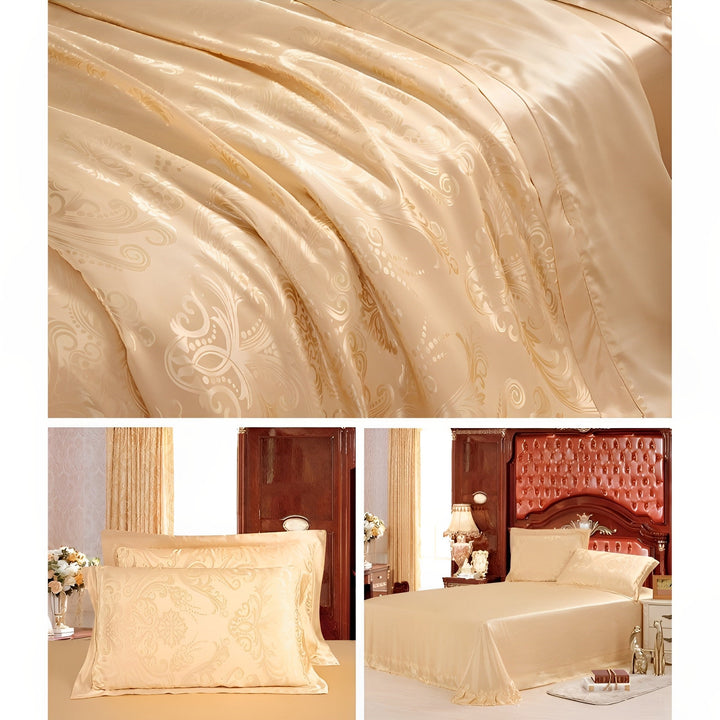 The 19 Momme Jacquard Silk Bedding Set - 4Pcs by SusanSilk is a luxurious gold satin ensemble that features intricate patterns, including pillowcases and a bedspread made from premium silk. Displayed in a well-decorated bedroom with wooden furniture and flowers, it exudes sophistication and elegance.