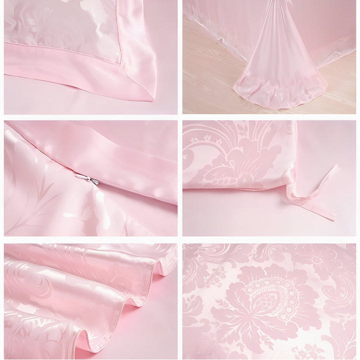 A collage of six images showcasing close-ups of the luxurious 19 Momme Jacquard Silk Bedding Set - 4Pcs by SusanSilk, highlighting corner ties, zipper details, and intricate floral patterns.