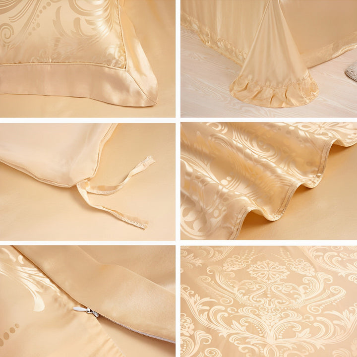 Close-up shots of the 19 Momme Jacquard Silk Bedding Set - 4Pcs by SusanSilk, showcasing its luxurious gold satin finish with intricate patterned pillowcases, corner ties, ruffled edges, zipper closures, and overall elegant fabric design.