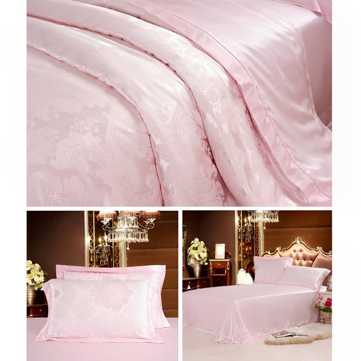 A set of SusanSilk's 19 Momme Jacquard Silk Bedding, showcasing its exquisite damask pattern in pink satin, with a close-up view of two plush pillows and a bedspread in an opulent bedroom setting.