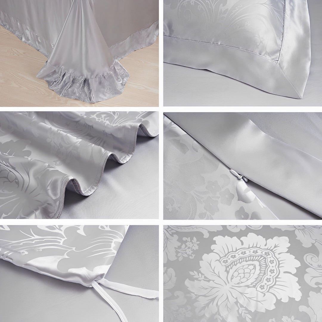 A collage of five images showcases the exquisite details of the 19 Momme Jacquard Silk Bedding Set - 4Pcs by SusanSilk, featuring the bed skirt, pillowcase, ruffled edge, zipper, and an elegant floral pattern in silver-gray satin.