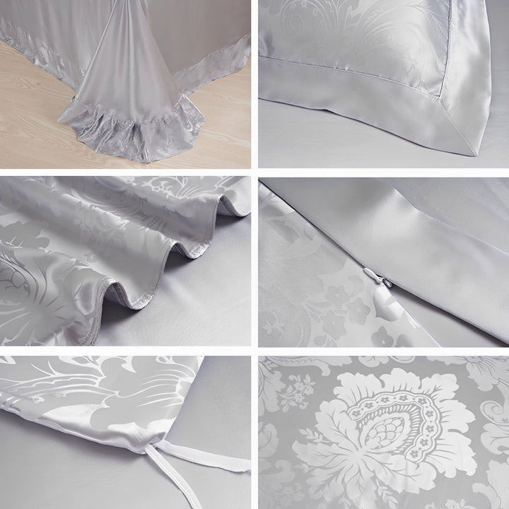 A collage of five images showcases the exquisite details of the 19 Momme Jacquard Silk Bedding Set - 4Pcs by SusanSilk, featuring the bed skirt, pillowcase, ruffled edge, zipper, and an elegant floral pattern in silver-gray satin.