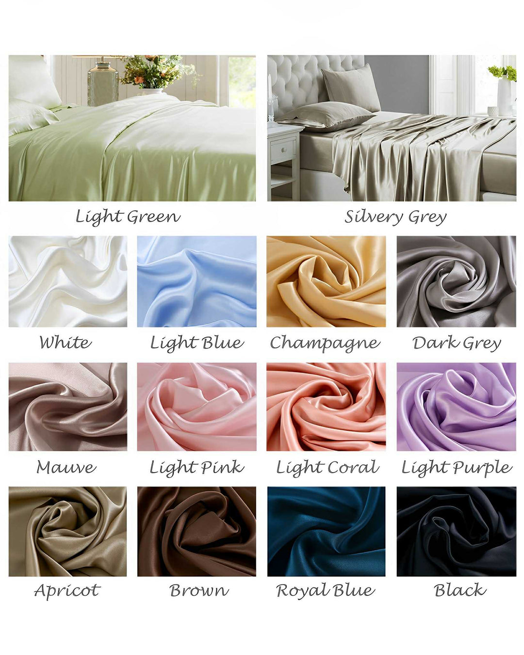 A collection of 19 Momme Moisturizing Silk Bedding Sets - 4Pcs by SusanSilk, featuring satin bed sheets and pillowcases in a variety of colors such as Silvery Grey, Mauve, Light Blue, and Royal Blue, displayed on beds and in fabric swatches.
