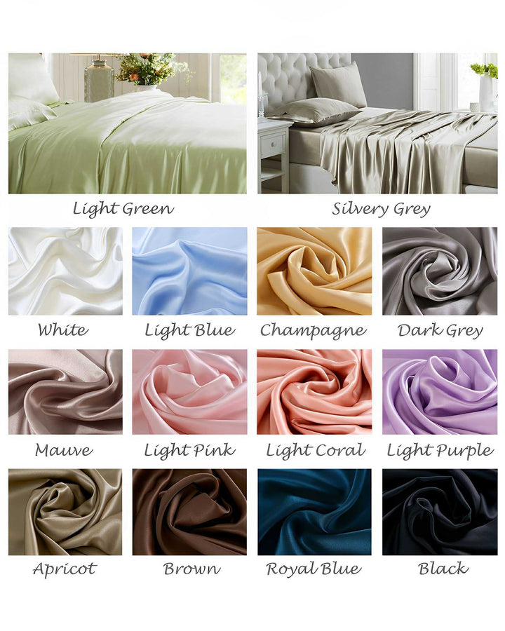 A collection of 19 Momme Moisturizing Silk Bedding Sets - 4Pcs by SusanSilk, featuring satin bed sheets and pillowcases in a variety of colors such as Silvery Grey, Mauve, Light Blue, and Royal Blue, displayed on beds and in fabric swatches.
