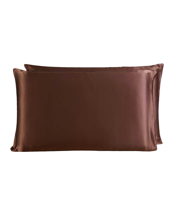 Two 19 Momme Silk Pillowcase Zippers by SusanSilk in brown are laid out side by side.