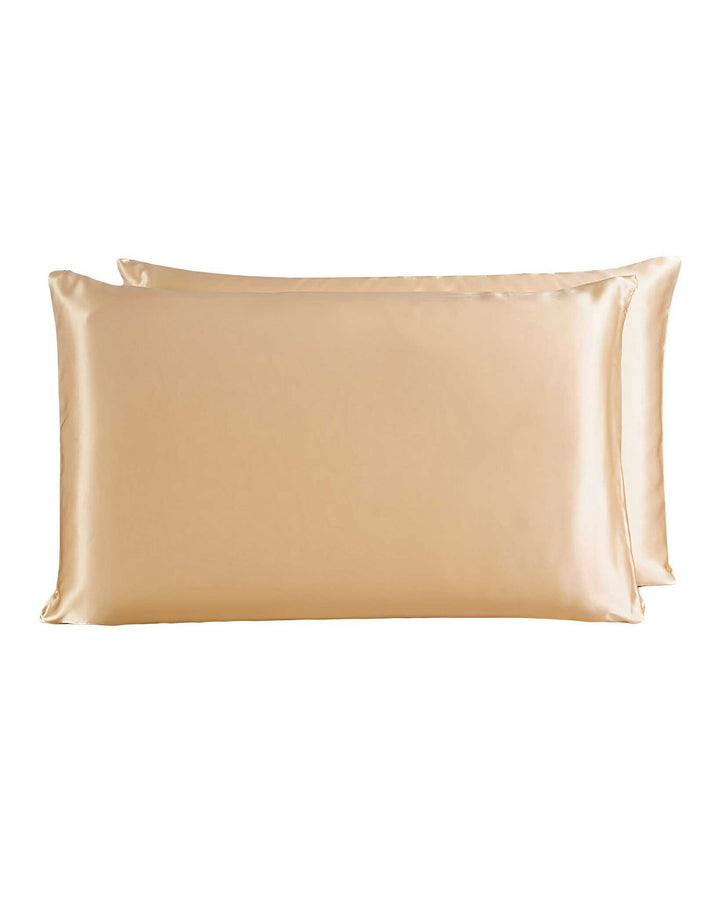 Two beige 19 Momme Silk Pillowcase Zippers, crafted from luxurious SusanSilk fabric, are neatly arranged side by side against a white background.