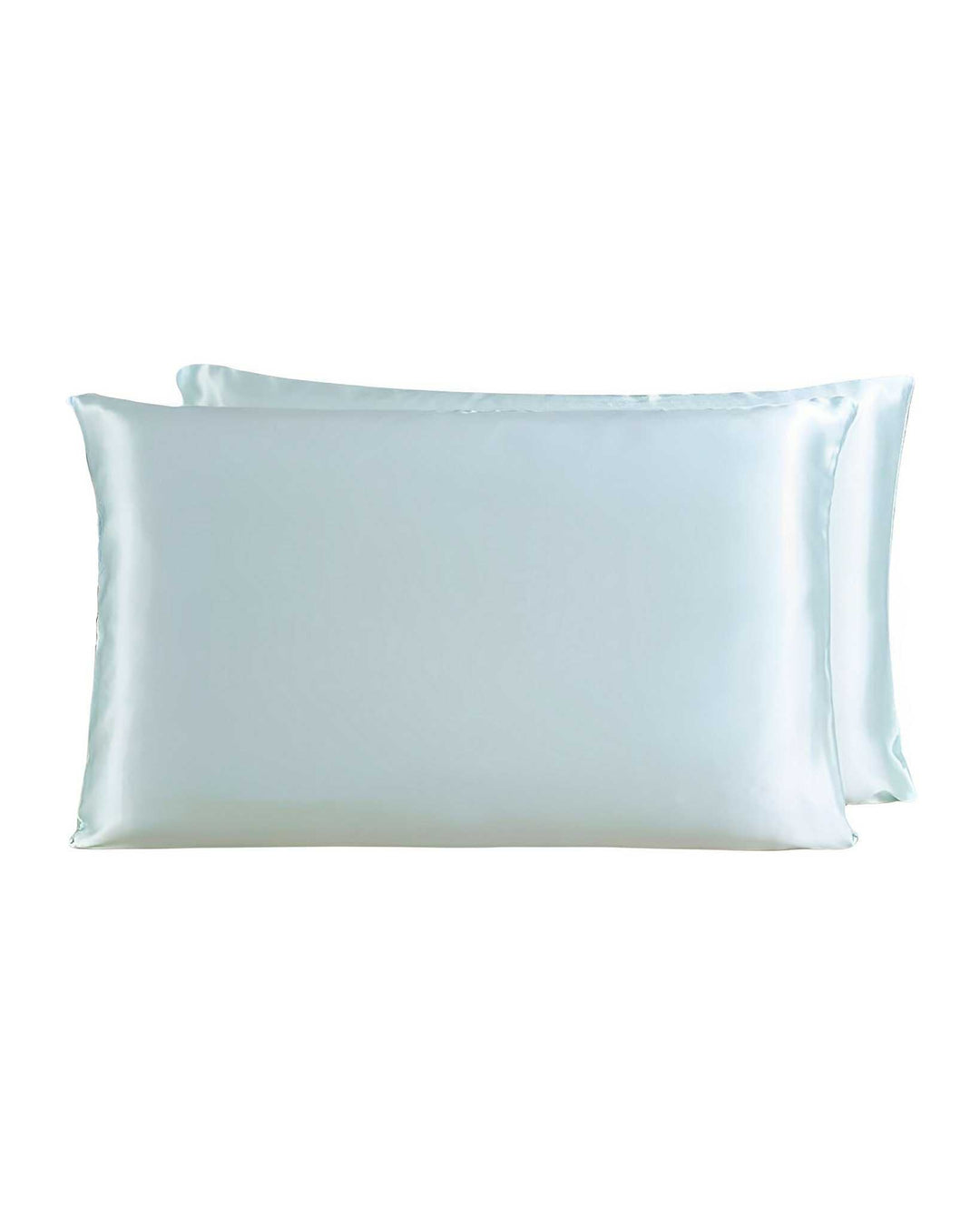 Two 19 Momme Silk Pillowcase Zippers in light green by SusanSilk, one slightly overlapping the other, on a white background, capturing the essence of luxurious silk.