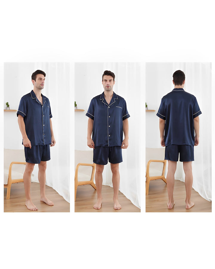 A man is shown wearing a 19 Momme Short Silk Pajamas Set from SusanSilk in navy blue, standing in three different positions: facing forward, sideways, and with his back to the camera.