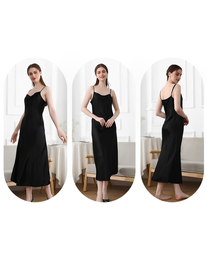 Three views of a woman wearing the 19 Momme Silk Sling Dress for Women by SusanSilk, standing in a minimalist room with white walls and light-colored furniture.