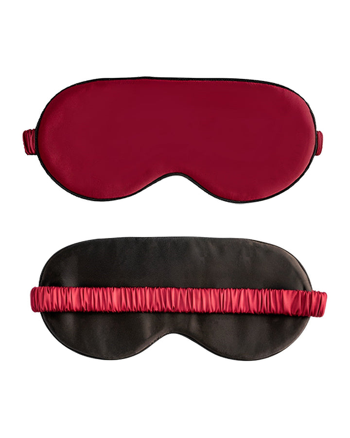 Discover the luxurious SusanSilk 19 Momme Silk U-Shaped Pillow Travel Set in a sophisticated maroon and black hue. This set includes a silk sleep mask with a satin finish and an elastic band for ultimate comfort. Front and back views are provided to showcase its elegant design.


