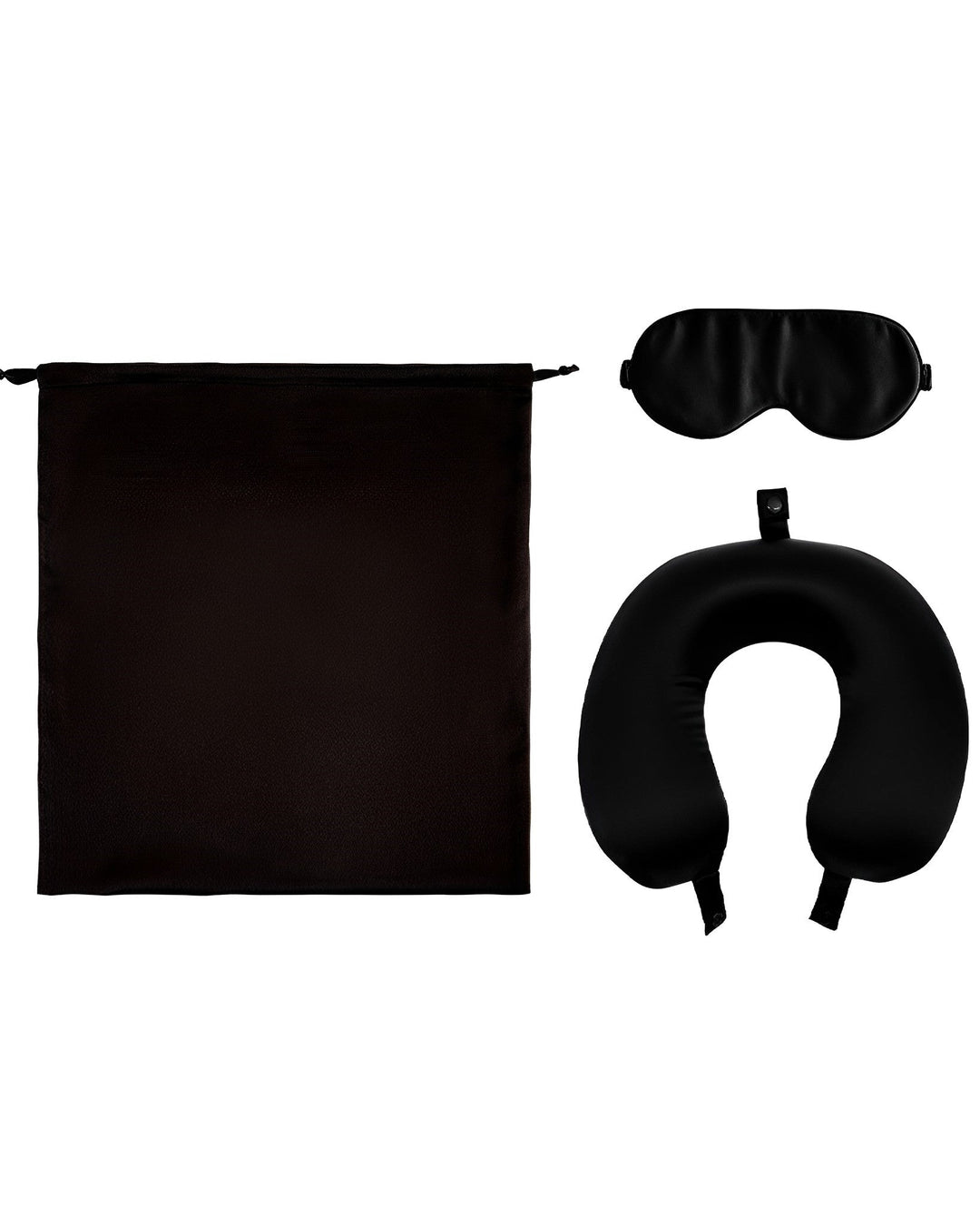The 19 Momme Silk U-Shaped Pillow Travel Set by SusanSilk, made from luxurious black Susansilk, features a drawstring bag, an eye mask, and a neck pillow.