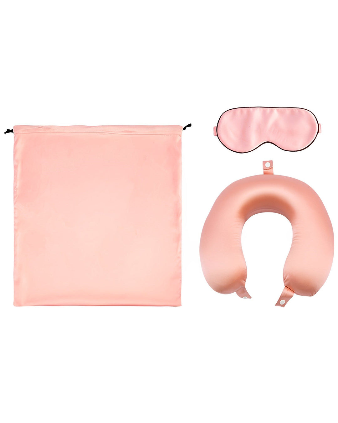 A pale pink 19 Momme Silk U-Shaped Pillow Travel Set by SusanSilk, featuring a luxurious drawstring bag, a contoured sleep mask, and a horseshoe-shaped neck pillow.