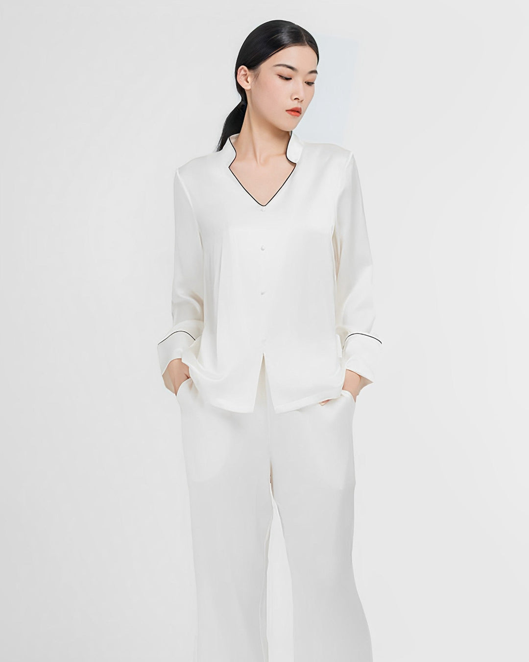 19 Momme Standing Collar Long Sleeve Suit - SusanSilk