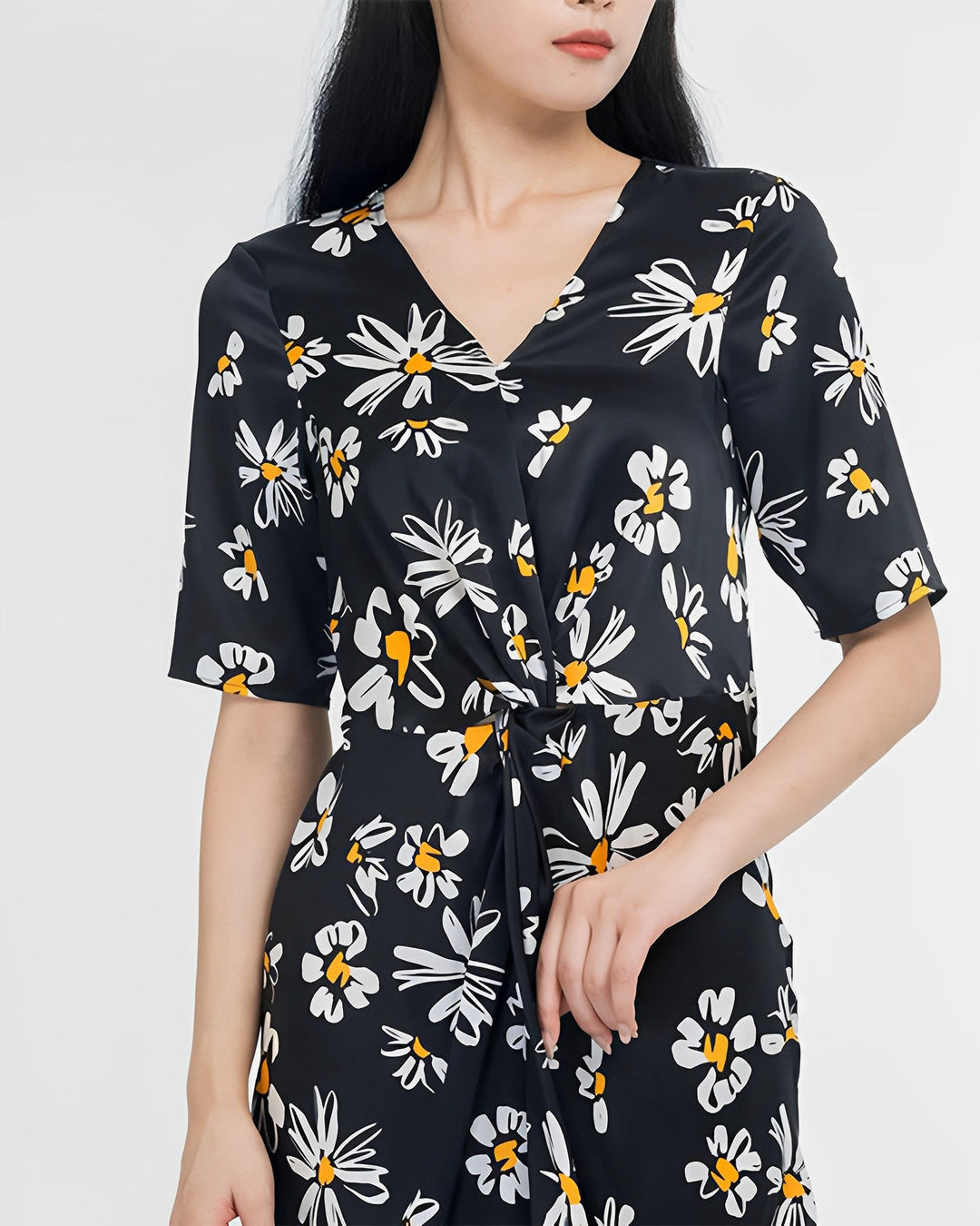 A woman with long black hair wearing the SusanSilk Stylish Overlapping Floral Silk Dress.
